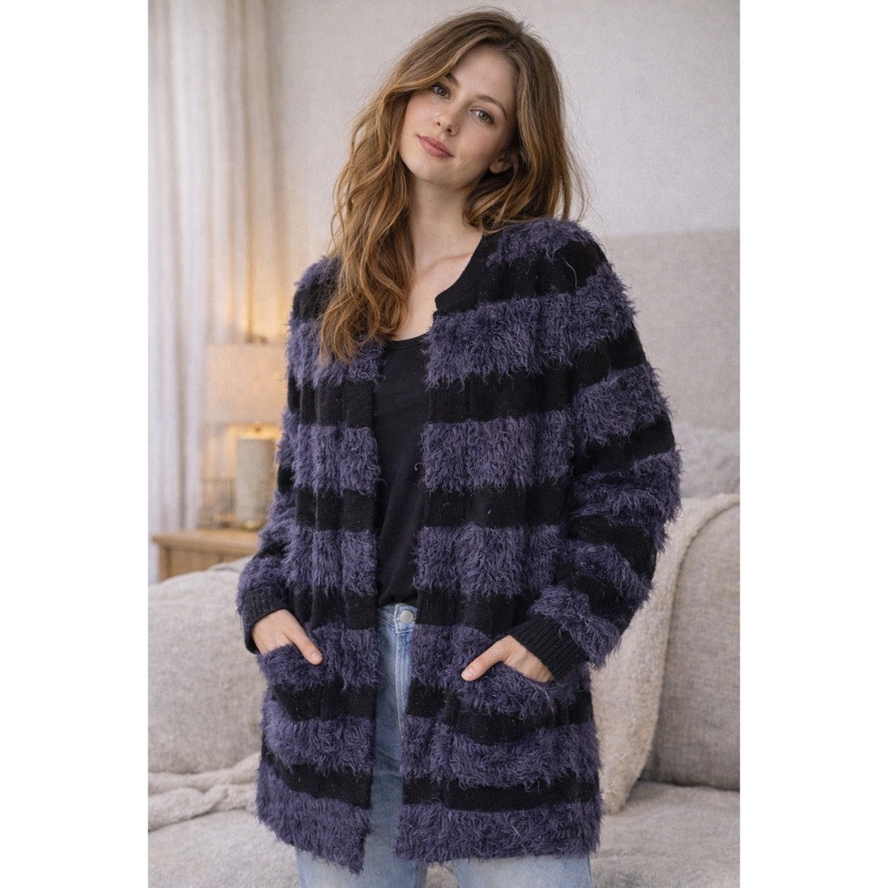 Romeo + Juliet Couture Fuzzy Eyelash Striped Open Front Cardigan Purple Black M